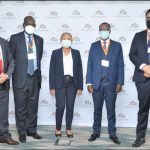 Equity Bank Managing Director Gerald Warui, KBA CEO Dr. Habil Olaka, Central Bank of Kenya Deputy Governor Sheila M'Mbijjewe, Kenya Bankers Association Governing Council Chair and NCBA Bank Managing Director John Gachora and SBM Bank CEO Moezz Mir during the opening of the 10th KBA Annual Banking Research Conference.