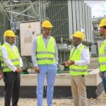 KoTDA CEO Eng. John Tanui (second right) chats with NSE Chairman Kiprono Kittony (Centre) during a visit to Konza Technopolis. Looking on (Left) is NSE CEO Geoffrey Odundo.