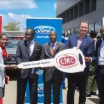 From L-R Ms. Christine Mwai, Absa Bank’s Country Credit Director, Mr. Bruno Shioso, National Police Spokesman, Mr. Julius Sunkuli, DCI Director of Logistics Mr. Julius Sunkuli, Mr. Alan Crossan , Group CEO East & Sub-Saharan Africa-CMC Motors and Mr. Rutto Kipng'eno , COO, Avenue Leasing & Rentals during the handover ceremony at CMC Motors Headquarters.