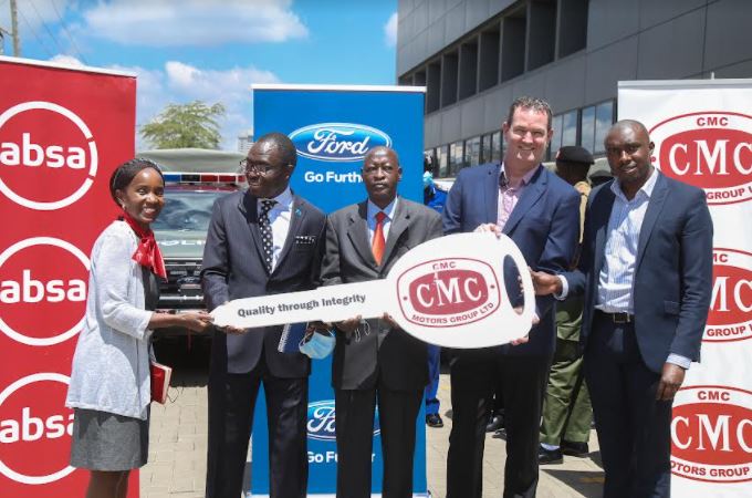 From L-R Ms. Christine Mwai, Absa Bank’s Country Credit Director, Mr. Bruno Shioso, National Police Spokesman, Mr. Julius Sunkuli, DCI Director of Logistics Mr. Julius Sunkuli, Mr. Alan Crossan , Group CEO East & Sub-Saharan Africa-CMC Motors and Mr. Rutto Kipng'eno , COO, Avenue Leasing & Rentals during the handover ceremony at CMC Motors Headquarters.