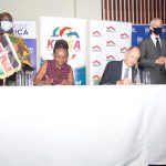 KEPSA CEO Carole Kariuki and MEDEF CEO Philippe Gautier signing an MOU during a business forum with a business delegation from France at Movenpick Hotel. Witnessing the signing is Cabinet Secretary for Industrialization, Trade and Enterprise Development Betty Maina (standing left) and France Minister Delegate for Foreign Trade and Economic Attractiveness Franck Riester (standing right)