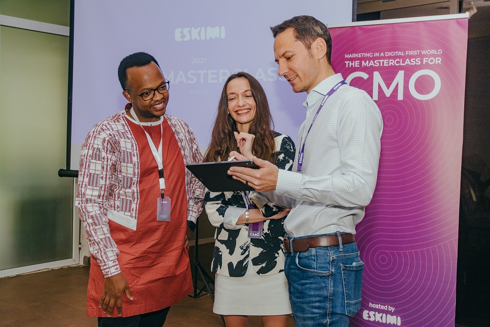 Eskimi Kenya CEO Vyktas Paukstys (right) outlines the details of Kenya's gaming industry potential to Mark Kaigwa, CEO of Nendo (left) and Egle Ribaciauskaite, EMEA Regional Director of Eskimi