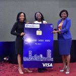 Visa Country Manager Eva Ngigi &Family Bank CEO Rebecca Mbithi award Daystar Univ student Shirleen Gachini KES 5000 Youth Prepaid card where the Bank unveiled a series of prepaid cards
