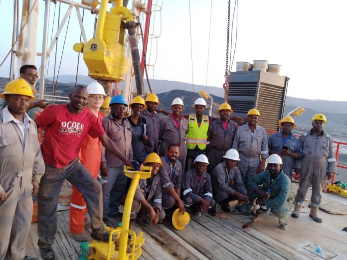 KenGen drilling experts on a new rig after assembling and commissioning it in Djibouti in preparation to start the drilling of the first well.
