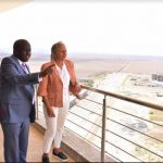Konza Technopolis Development Authority CEO Eng. John Tanui (Left) orients the Central Bank of Kenya Deputy Governor Mrs. Sheila M'Mbijjewe (Right) on the ongoing projects at Konza Technopolis at a birds eye view.