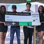 (L_R) Monster energy Regional Director East & Central Africa, Maina Muriuki with Tumi Mithei Regional marketing manager Monster energy during the launch of Monster Win a Trip to Dubai at the Embakasi Quickmart supermarket.