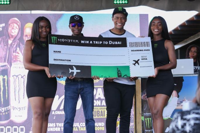 (L_R) Monster energy Regional Director East & Central Africa, Maina Muriuki with Tumi Mithei Regional marketing manager Monster energy during the launch of Monster Win a Trip to Dubai at the Embakasi Quickmart supermarket.