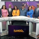 Royal Media Services (RMS) Managing Director Wachira Waruru (centre) with Ramogi TV presenters. [Photo/ @TrevorOmbija]