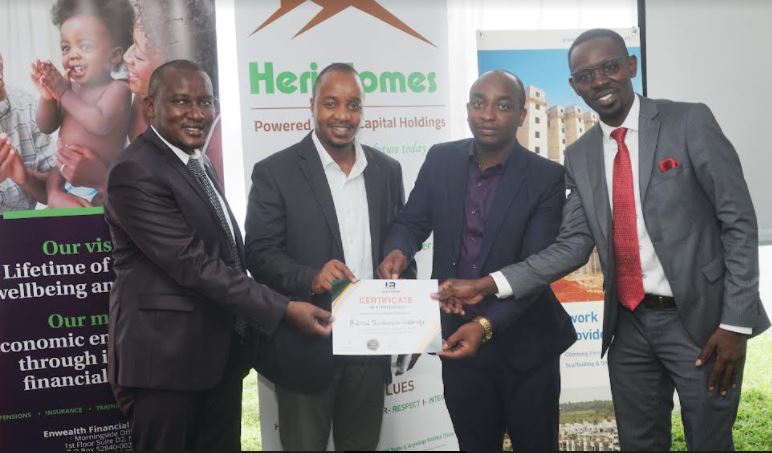 Heri Homes CEO Kimotho Kimani, Kumkang Kind Business development manager Sam Muihia, NCA general manager Construction David Mathu and Finsco Africa's CEO John Mwaura, during the real estate & Affordable Housing forum at the Safari Park hotel.