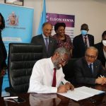 Elgon Kenya CEO Bimal Kantaria and University of Nairobi Vice Chancellor Prof Stephen Kiama during the signing of an MOU paving way for the construction of the Agricultural Technology and Innovation Centre (ATIC) at the College of Agriculture and Veterinary Services, Upper Kabete Campus Nairobi.