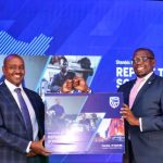 Stanbic Bank Kenya Head of Risk and Chair of SEE Agenda, Edwin Mucai (left), and CEO, Nairobi Securities Exchange (NSE), Geoffrey Odundo (right) hold the dummy Report to Society 2020