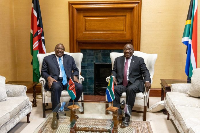 President Uhuru Kenyatta and South Africa President Cyril Ramaphosa during a visit in November when agreements were signed on 8 areas of cooperation including easing travel restrictions. [Photo/ Courtesy]