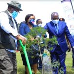 KenGen’s Managing Director and CEO, Rebecca Miano (centre), Cabinet Secretary for Transport, Infrastructure, Housing and Urban Development, James Macharia, EGH (right) and Environment and Forestry Cabinet Secretary Keriako Tobiko (left) planting a tree during the commemoration of the World Habitat Day in November 2021. As a participant member of UN Global Compact (UNGC), KenGen has committed to align its activities to the Business ambition of keeping global warming to 1.5°C through the implementation of various environmental projects.