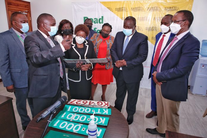 Interior CS Fred Matiang'i during the launch of new number-plates to replace the red Kenya Garage (KG) series on January 28, 2022. [Photo/ Twitter]
