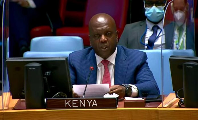 Kenya's Permanent Representative to the UN Martin Kimani delivering his speech during an emergency meeting of the UN Security Council on February 21, 2022. [Photo/ Courtesy]