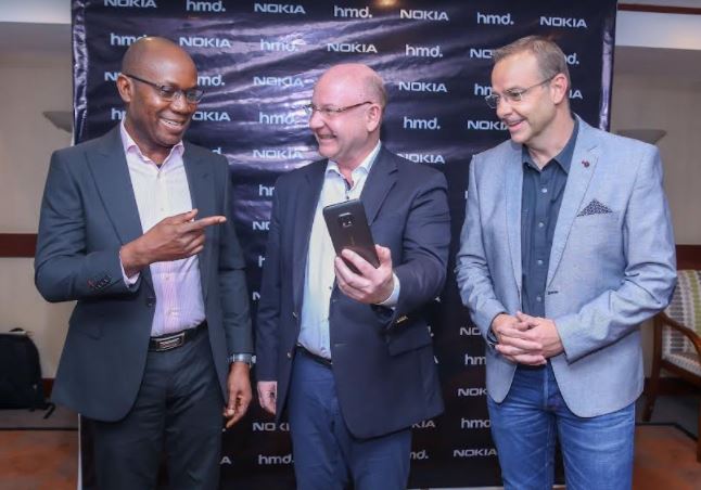 From left, , Mr. Joseph Umunake - General Manager for West, East & Central Africa, Mr. Justin Maier - Vice President, Sub- Saharan Africa and Global Chief Executive Officer (CEO) - Florian Seiche during the HMD Global media briefing at Serena Hotel in Nairobi.