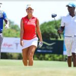 Sitoyo Lopokoiyit – Managing Director – M-PESA Africa ( right), Amy Boulden from Wales ( Centre) and Mohammed Nyaoga during Pro-AM competition at Vipingo baobab ridge in Kilifi.