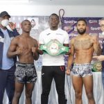 (LR) Kenya Muay Thai Federation President James Kamau, Current WBC African Muay Thai Welterweight champion Martin Achebi, Ultra Fight Series Kenya Promoter Maurice Okello, Cape Verde's Brayan Matias and WBC Muay Thai Africa & Middle East President Hadj Betahar during the Utra Fight Series Kenya press briefing event in which SportPesa is the official sponsor.