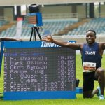 Mark Otieno (l) and Ferdinand Omanyala after they qualified for the Tokyo Olympics during trials held at Kasarani in June 2021. [Photo/ AK]
