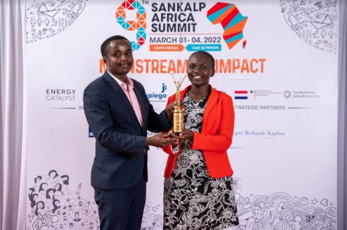 Agrotech Plus founder Elisha Caleb and Operations Leader Sharon Chacha after they were recognised by Sankalp and the World Bank’s Global Index Insurance Facility (GIIF)