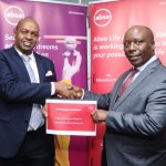 From left to right, Absa Life Assurance Kenya (ALAK) Managing Director Waiguru Githanji and Hisa Africa Insurance Agency Chief Executive Officer, Alfred Mathu, during the signing of a product distribution agreement between the two companies.