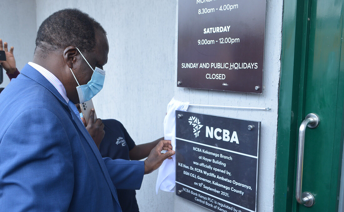 Kakamega Governor Wycliffe Oparanya opens an NCBA bank branch in Kakamega in September 2021. [Photo/ Metropol TV]