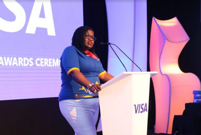 Visa Vice President and Head of East Africa, Corine Mbiaketcha addresses the guests at the 2021 Visa Awards ceremony.