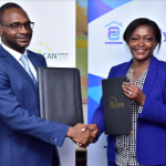 2-Family Bank CEO Rebecca Mbithi&African Guarantee Fund Group CEO Jules Ngankam during the MOU signing where the Bank acquired KES1.5 Billion loan portfolio guarantee facility to fuel SMEs growth