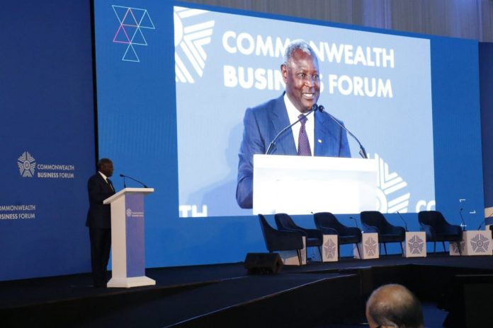 Equity Group CEO Dr. James Mwangi delivering the keynote address at the Commonwealth Business Forum in Kigali, Rwanda on 21st June, 2022. [Photo/ Equity Bank]