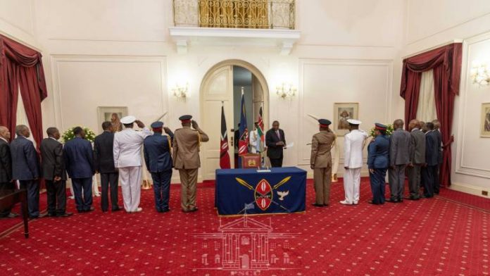 Chief of Defence Forces Gen. Robert Kibochi, service commanders, representatives of the military veterans and Solicitor General Kennedy Ogeto among others were present as President Uhuru Kenyatta assented to the bill on June 15th, 2022. [Photo/ MoD]
