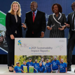 From left Claire Dixon - Group Head, Corporate Affairs, Brand & Marketing at Standard Chartered Bank, Kariuki Ngari - CEO Standard Chartered Kenya & EA, Sylvia Mulinge - Chief Consumer Business Officer at Safaricom and Martin Ochieng - Group Managing Director, Sasini PLC during the inaugural launch of the 2021 Sustainability Impact Report at Standard Chartered Head offices in Nairobi.