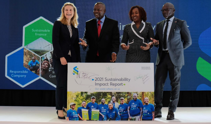From left Claire Dixon - Group Head, Corporate Affairs, Brand & Marketing at Standard Chartered Bank, Kariuki Ngari - CEO Standard Chartered Kenya & EA, Sylvia Mulinge - Chief Consumer Business Officer at Safaricom and Martin Ochieng - Group Managing Director, Sasini PLC during the inaugural launch of the 2021 Sustainability Impact Report at Standard Chartered Head offices in Nairobi.