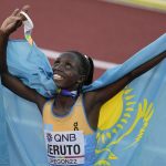 Norah Jeruto celebrates winning the Women’s 3000 meters Steeplechase at World Athletics Championships. [Photo: AP Photo/Gregory Bull]