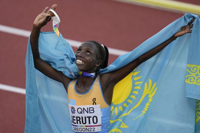 Norah Jeruto celebrates winning the Women’s 3000 meters Steeplechase at World Athletics Championships. [Photo: AP Photo/Gregory Bull]