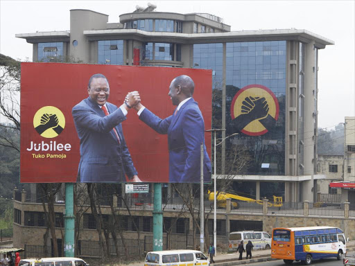 President Uhuru Kenyatta and DP William Ruto, now President-elect, pictured on a billboard outside Jubilee headquarters before their fall-out in 2018. [Photo/ Radio Africa Group]