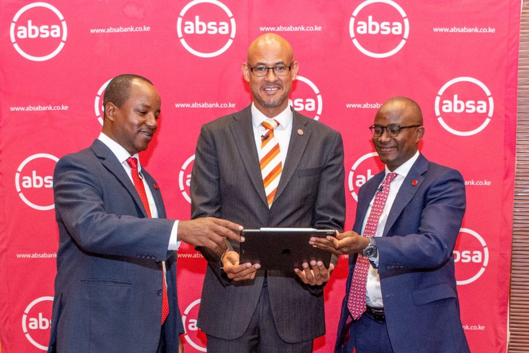 L-R Absa Chief Finance Officer Yusuf Omari, former Absa CEO Jeremy Awori & Chief Strategy Officer Moses Muthui at a past event. Omari has been named interim CEO following Awori's exit. [Photo/ Absa Kenya]