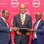 L-R Absa Chief Finance Officer Yusuf Omari, former Absa CEO Jeremy Awori & Chief Strategy Officer Moses Muthui at a past event. Omari has been named interim CEO following Awori's exit. [Photo/ Absa Kenya]