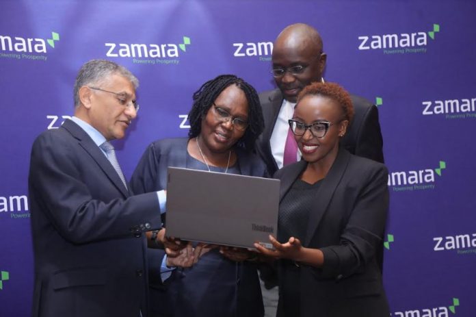 undeep Raichura, CEO Zamara, Mary Nkoimu Commissioner IRA and Rosalyn Mugoh, Managing Director, Zamara and James Olubayi, Executive Director, Zamara during the launch of the eZamara Online aggregator portal.