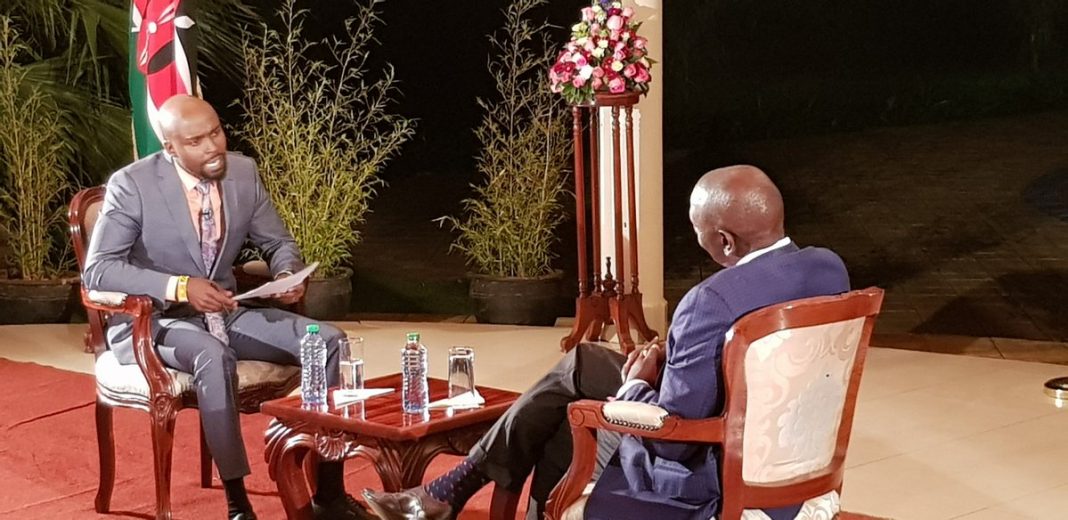 NTV anchor Mark Masai in a past interview with President William Ruto. In a televised December 2018 interview, former President Uhuru Kenyatta promised to avail a copy of the SGR contract to NTV news anchor Mark Masai before reneging citing advice from the Attorney-General.