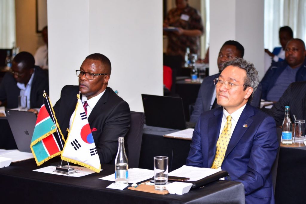 ICT and Digital Economy CS Eliud Owalo (L) and Jae Myung Koh, Minister Counsellor, Embassy of the Republic of Korea in Kenya during the Kenya-Korea Smart City and Technology forum organized by the Korea Trade Centre (KOTRA) in Nairobi on Wednesday.