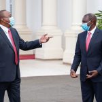 Former President Uhuru Kenyatta (l) pictured with President William Ruto at State House, Nairobi. [Photo/ Radio Africa Group]