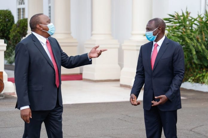 Former President Uhuru Kenyatta (l) pictured with President William Ruto at State House, Nairobi. [Photo/ Radio Africa Group]