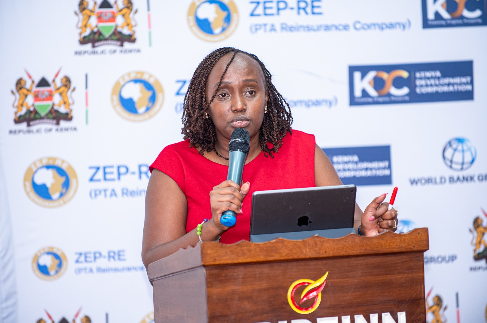 Kenya Development Corporation (KDC) Acting Director General Norah Ratemo addressing County Governors from the Pastoral Communities during the sensitization meeting on De- Risking Inclusion and Value Enhancement of Pastoral Economies (DRIVE) in Mombasa.