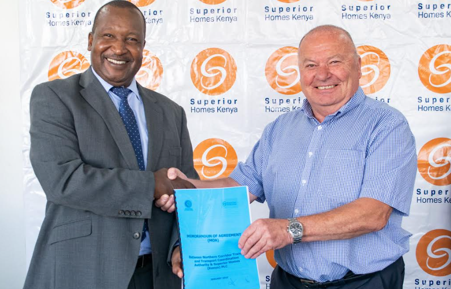 Superior Homes Kenya Managing Director Ian Henderson (R) and Northern Corridor Transit and Transport Coordination Authority (NCTTCA) Executive Secretary Justus Omae during the signing of a partnership that seeks to enhance road safety for long-distance transit drivers through the construction of roadside stations along the Northern Corridor.