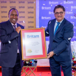 From Left: Britam Group CEO and GMD – Tom Gitogo receives the Superbrand seal of approval from Superbrands East Africa Program Director – Jawad Jaffer, after Britam Group was recognized as one of the top 50 performing brands in East Africa,