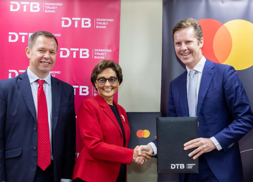 (L-R) Jamie Loden, Chief Operating Officer at Diamond Trust Bank (DTB); Nasim Devji, Group CEO and Managing Director at Diamond Trust Bank (DTB); Mark Elliott, Division President for Sub-Saharan Africa at Mastercard