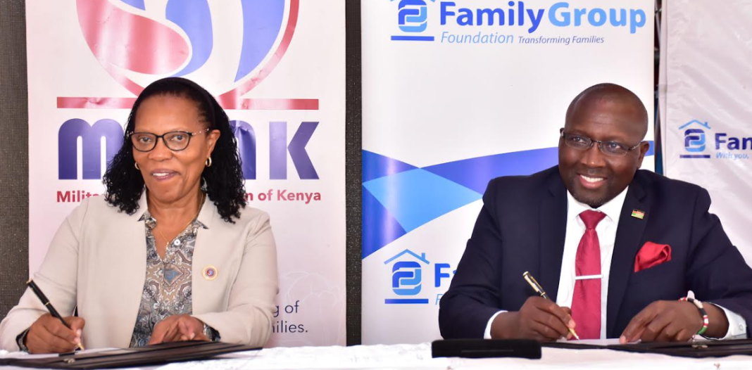 Military Wives Association of Kenya Chair Tabitha Kibochi & The Family Group Foundation Chair Dr. Francis Muraya during the signing ceremony of the Ksh10 million partnership set to provide technical and vocational skills to 100 dependents of the Kenya Defence Forces servicemen and women.