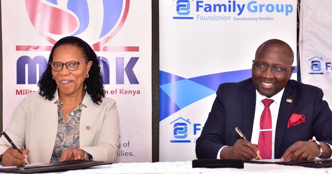 Military Wives Association of Kenya Chair Tabitha Kibochi & The Family Group Foundation Chair Dr. Francis Muraya during the signing ceremony of the Ksh10 million partnership set to provide technical and vocational skills to 100 dependents of the Kenya Defence Forces servicemen and women.