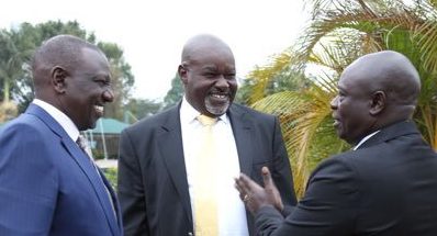 Caleb Kositany (centre) pictured with President William Ruto and Deputy President Rigathi Gachagua. [Photo/ @CKositany]