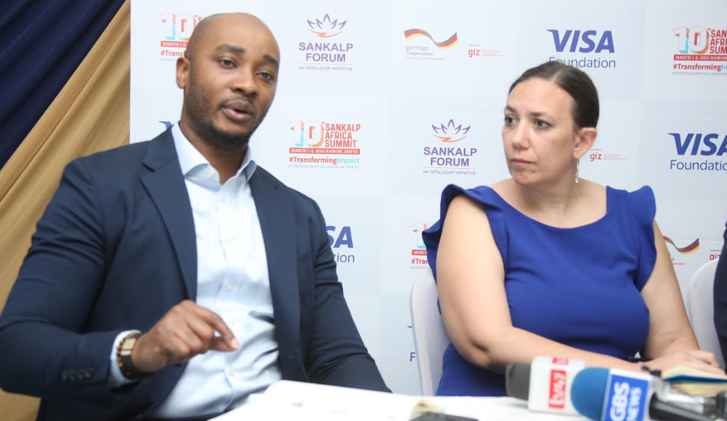 Chukwudi Onike, Program Officer, Visa Foundation and Arielle Molino, Sub-Saharan African Lead, Sankalp Forum, addressing members of the media at the sidelines of the 10th Africa Sankalp Forum in Nairobi, Kenya